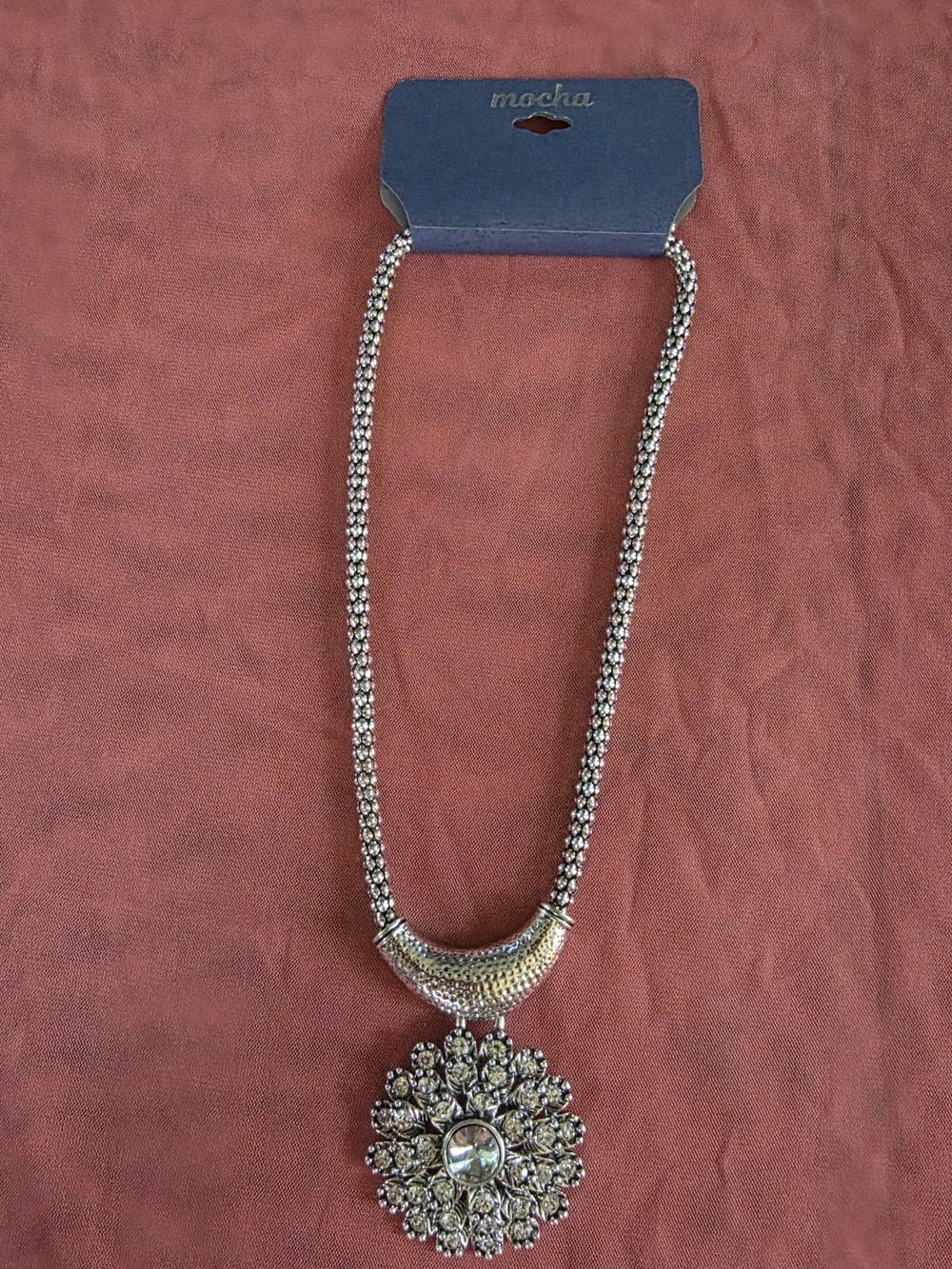 Mocha Silver-Tone Crystal Floral Pendant Necklace - Silver